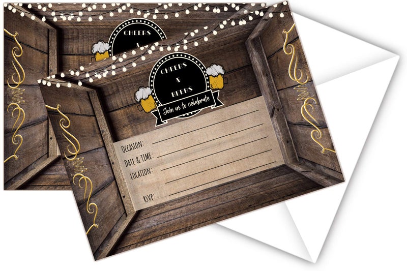 Elcer Cheers and Beers Birthday Country Rustic Fill In Set of 20 Invitations & envelopes 30 years 40 years 50 years Adult party All occasion Fill in invites - Image 4